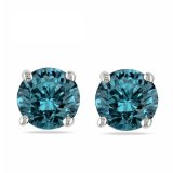 14K White Gold 9/10 Carat Round Treated Blue Diamond Stud Earrings