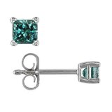 1/2 CT Princess Cut Blue Diamond Stud Earrings 14k Gold